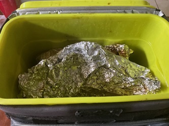 Brisket in hold phase in cooler